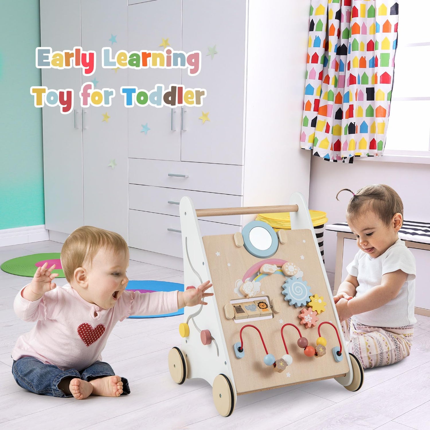GYMAX Wooden Baby Walker, 7-in-1 Toddler First Step Activity Interactive Push Along Toy