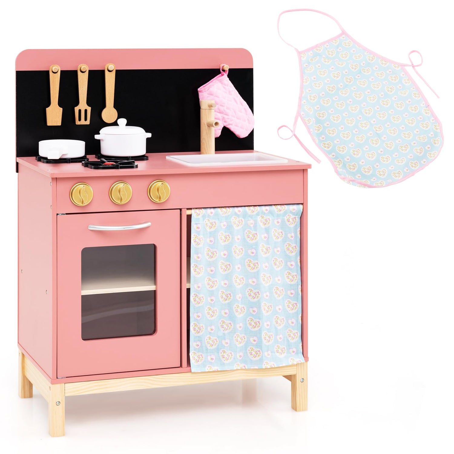 Kids Play Kitchen Set with Door Curtain and Stoves and Apron