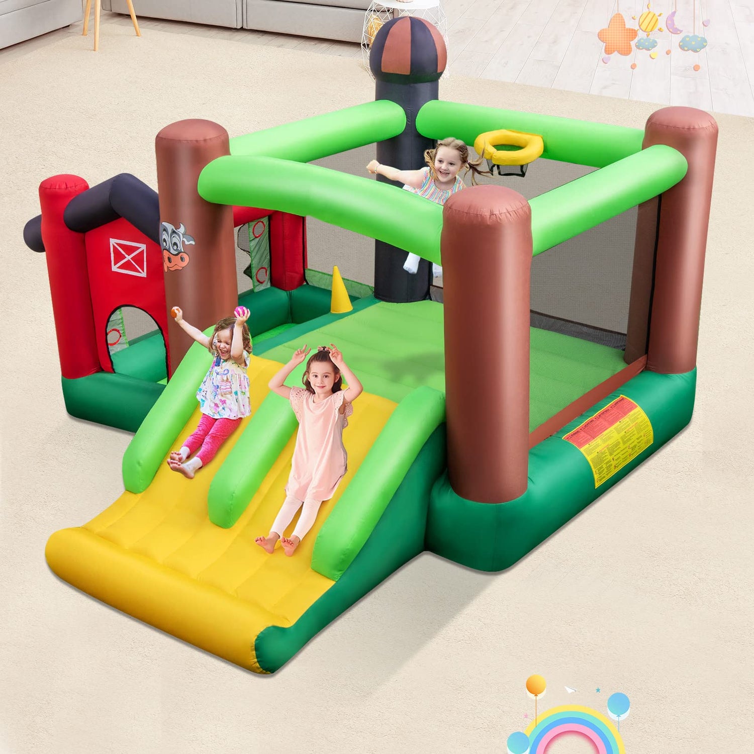 GYMAX 6 in 1 Kids Bouncy Castle with Double Slides