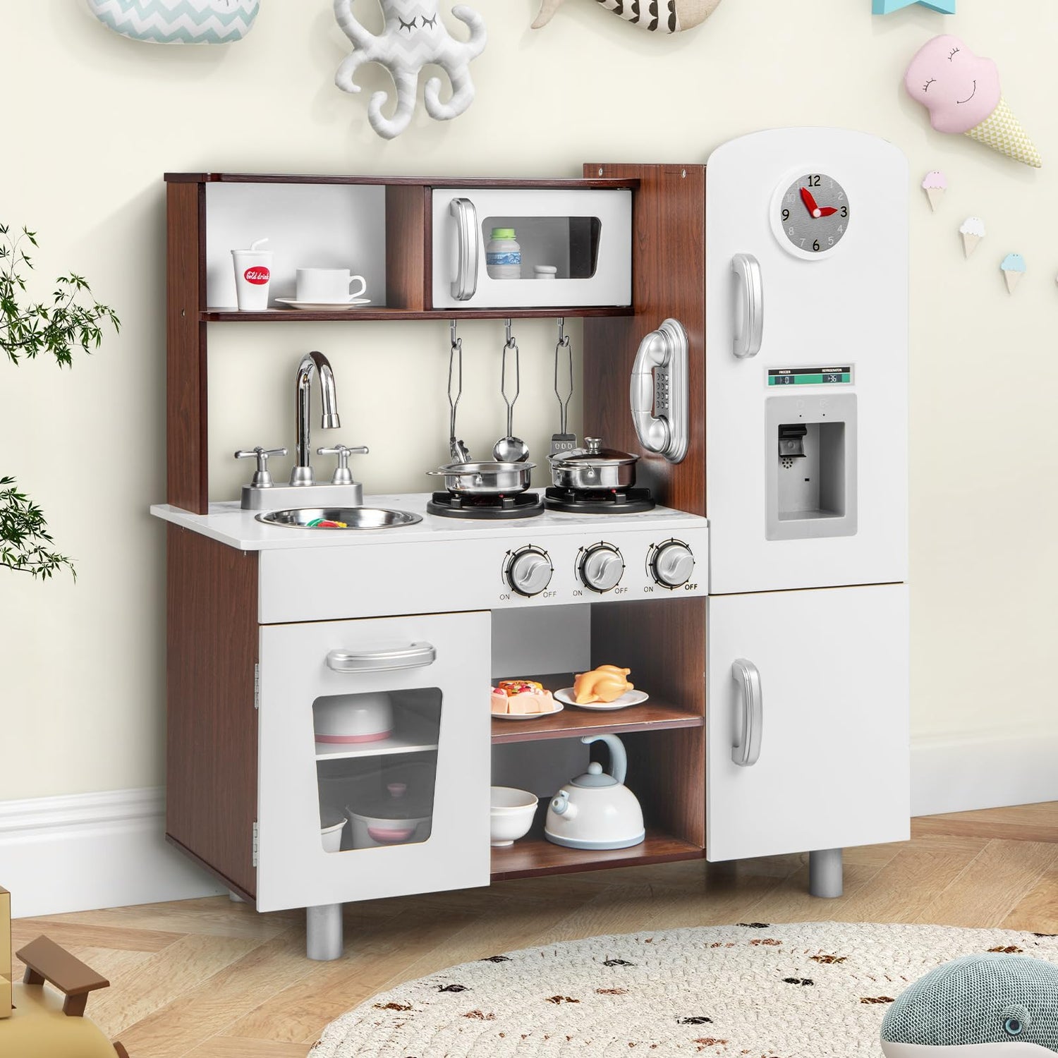 GYMAX Wooden Play Kitchen - Kids Toy Kitchen with Microwave, Fridge, Water Dispenser, Telephone, Oven, Cookware