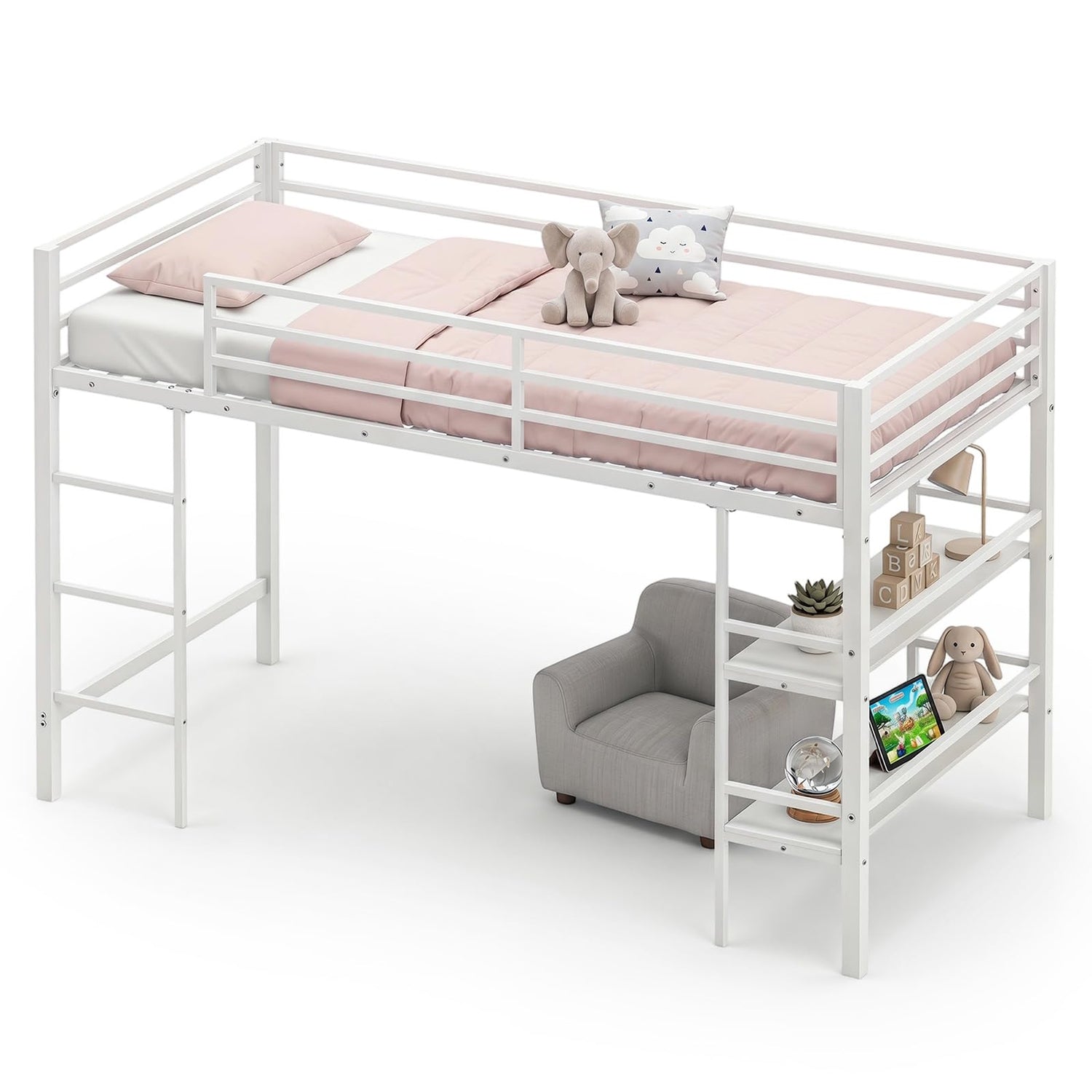 Kids Loft Bed, Metal Single Size Low Loft Bed with Under-Bed Space, Storage Shelves