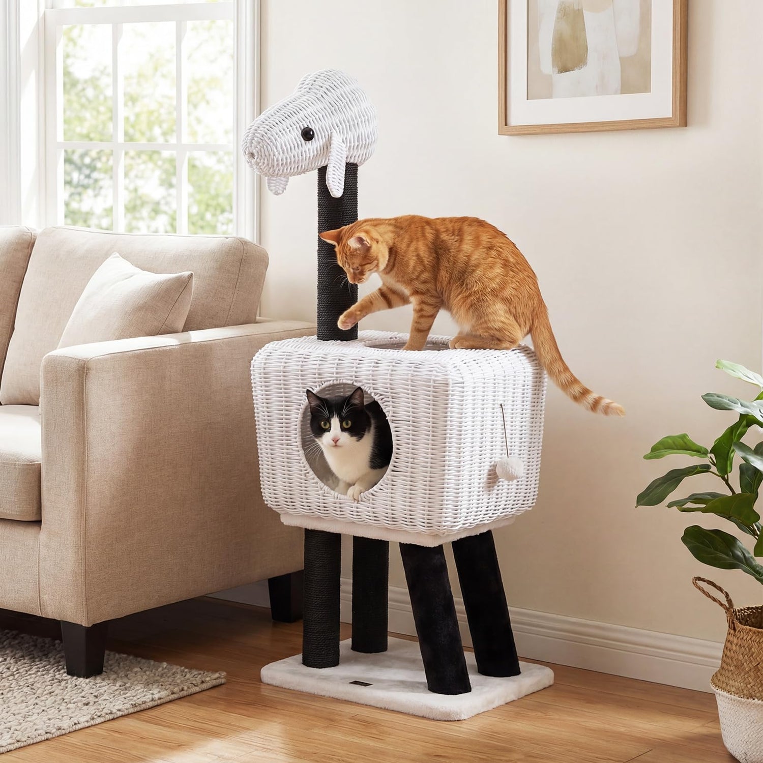 Cat Tree, 110cm Lamb-Shaped Cat Tower with 2-Door Rattan Condo