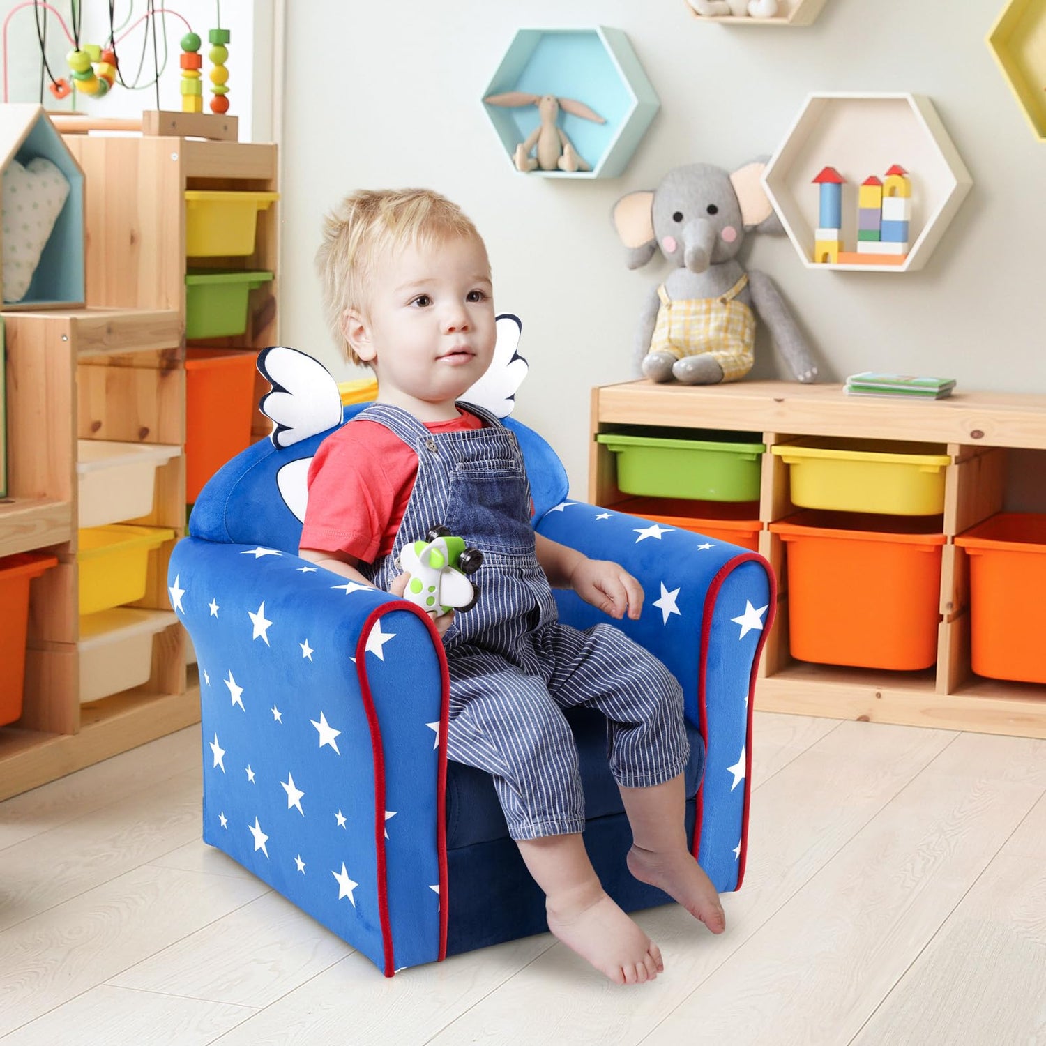 GYMAX Kids Sofa Chair, Wooden Children Armchair with Cute Pattern and Non-slip Foot Pads