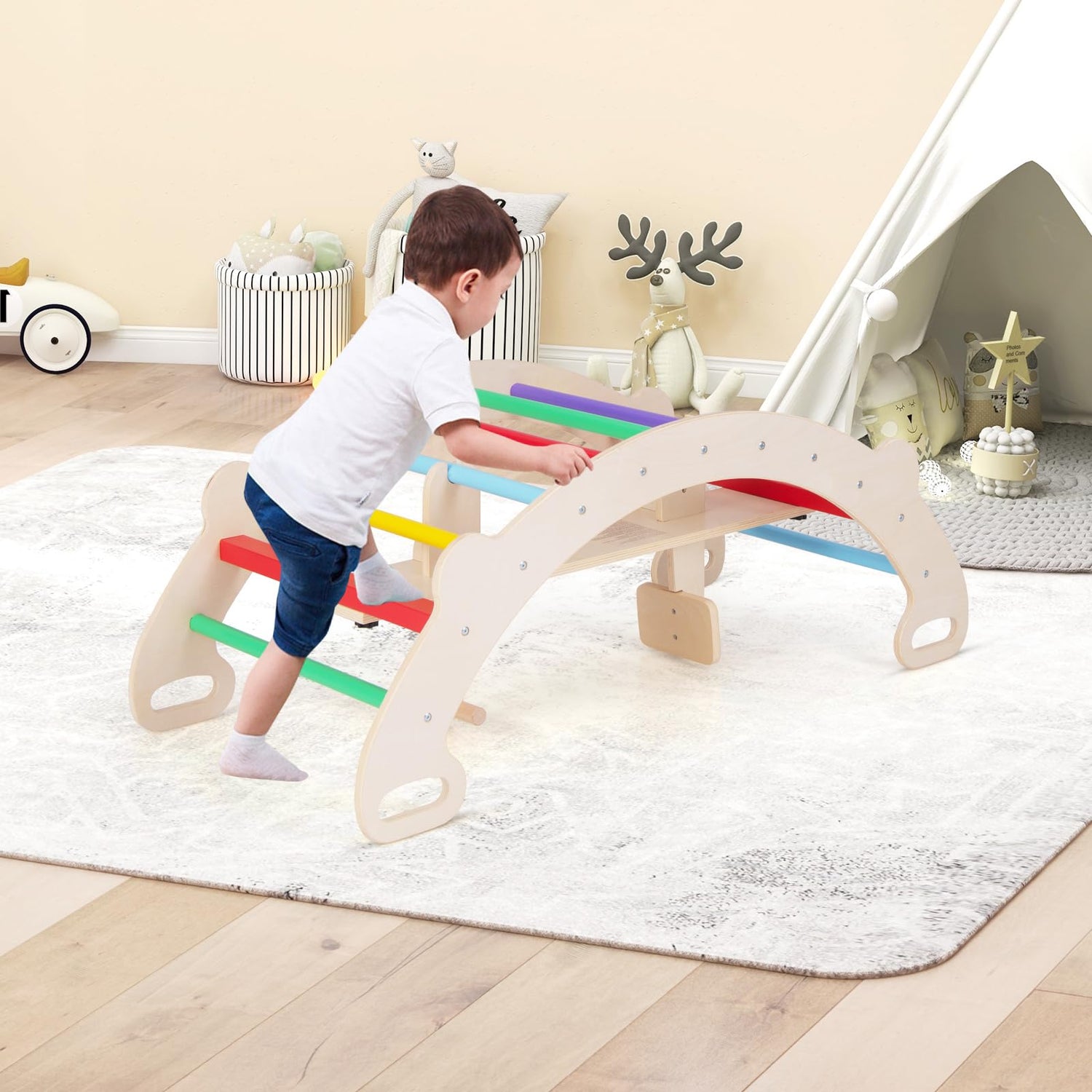 GYMAX 4 in 1 Kids Climbing Set, Toddler Rocking Horse with Backrest & 35° Rocking Motion