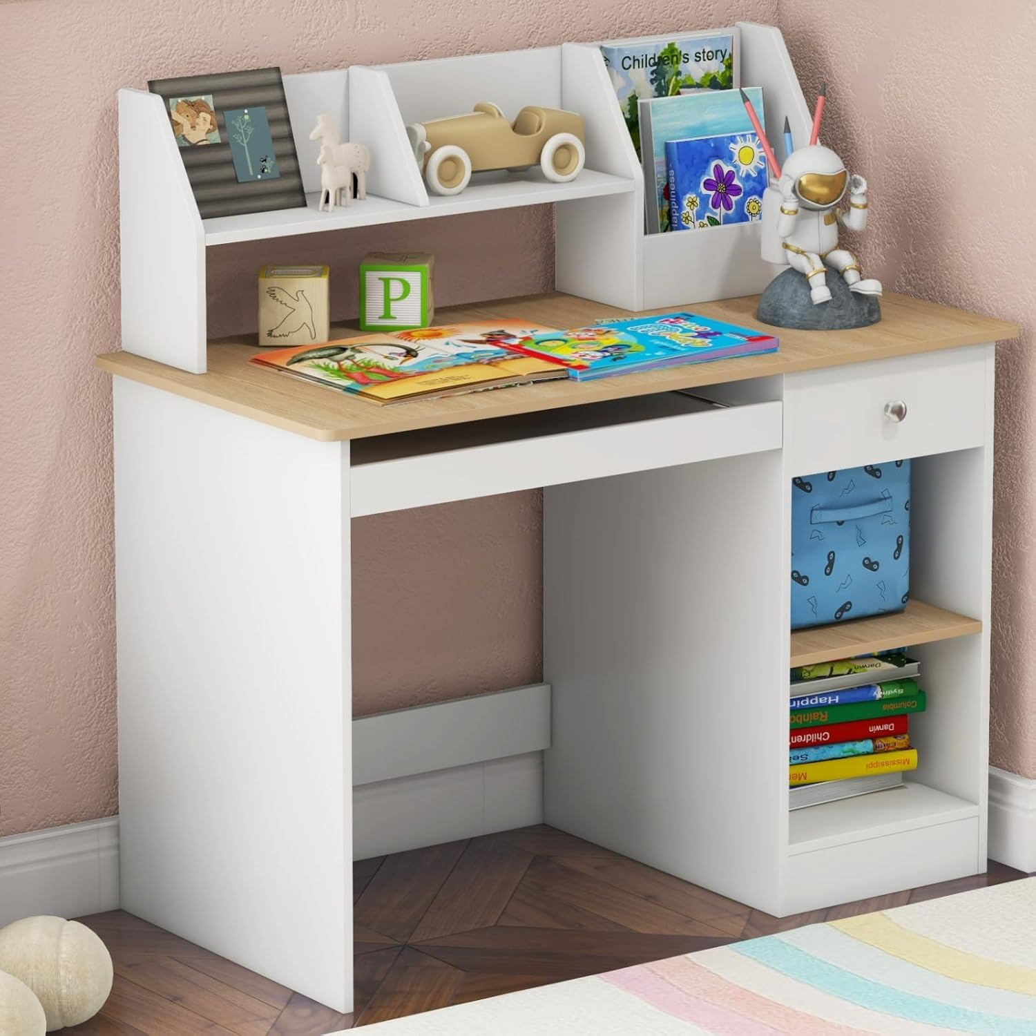 GYMAX Wooden Kids Desk, Children Study Table with Drawer, Tabletop Bookshelf, Keyboard Tray, Shelves & Hutch