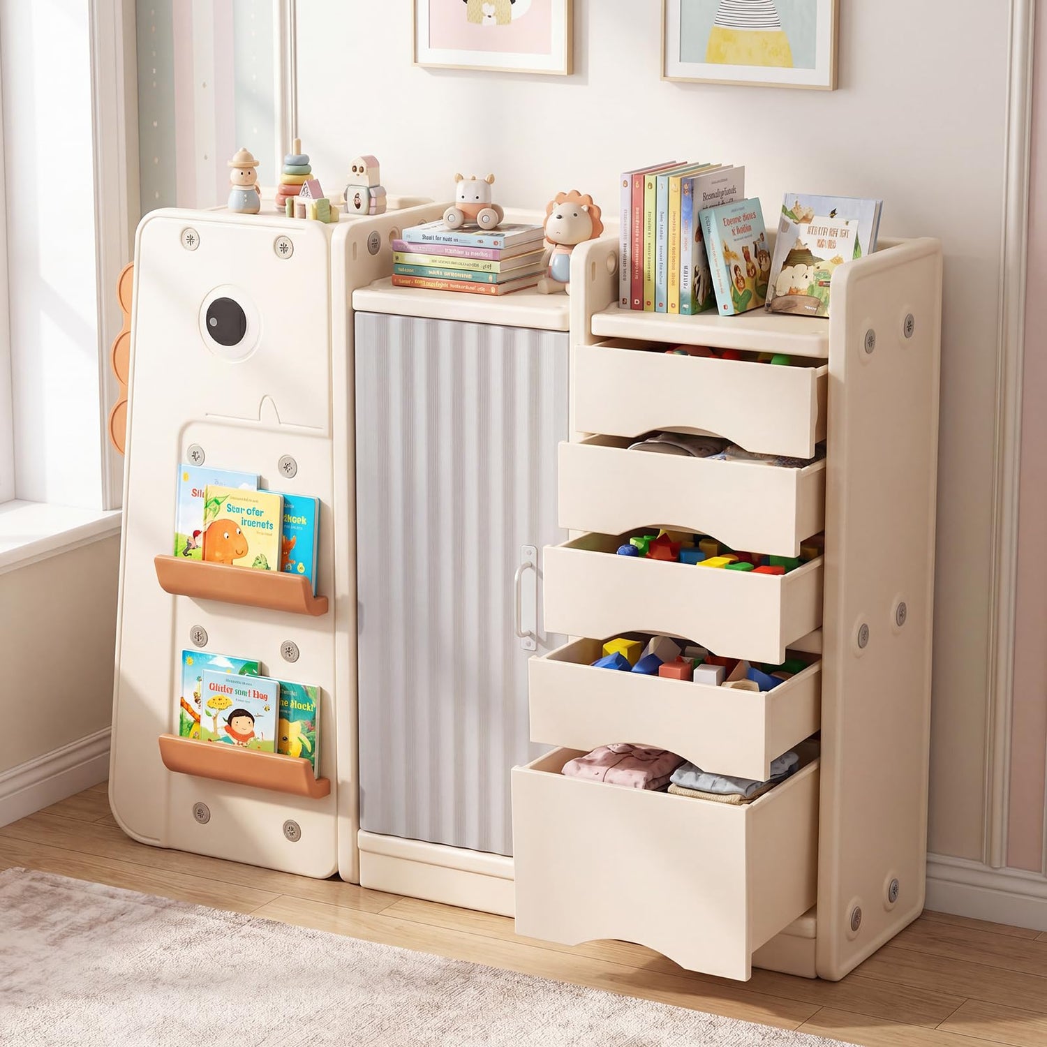 Kids Toy Storage Organizer, Wooden Dinosaur Toy Chest with 5 Removable Bins