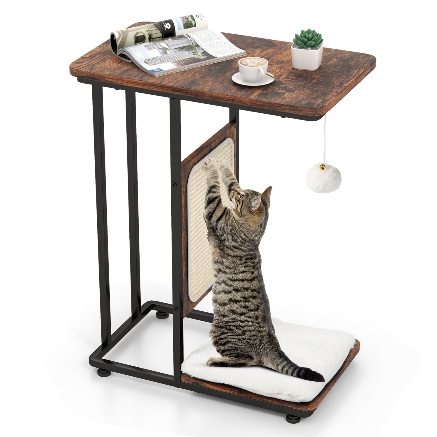 GYMAX Cat Tree End Table, C-Shaped Cat Side Table with Scratching Board