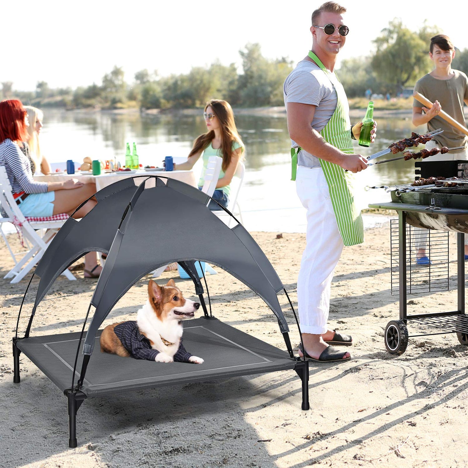 GYMAX Elevated Dog Bed with Removable Canopy
