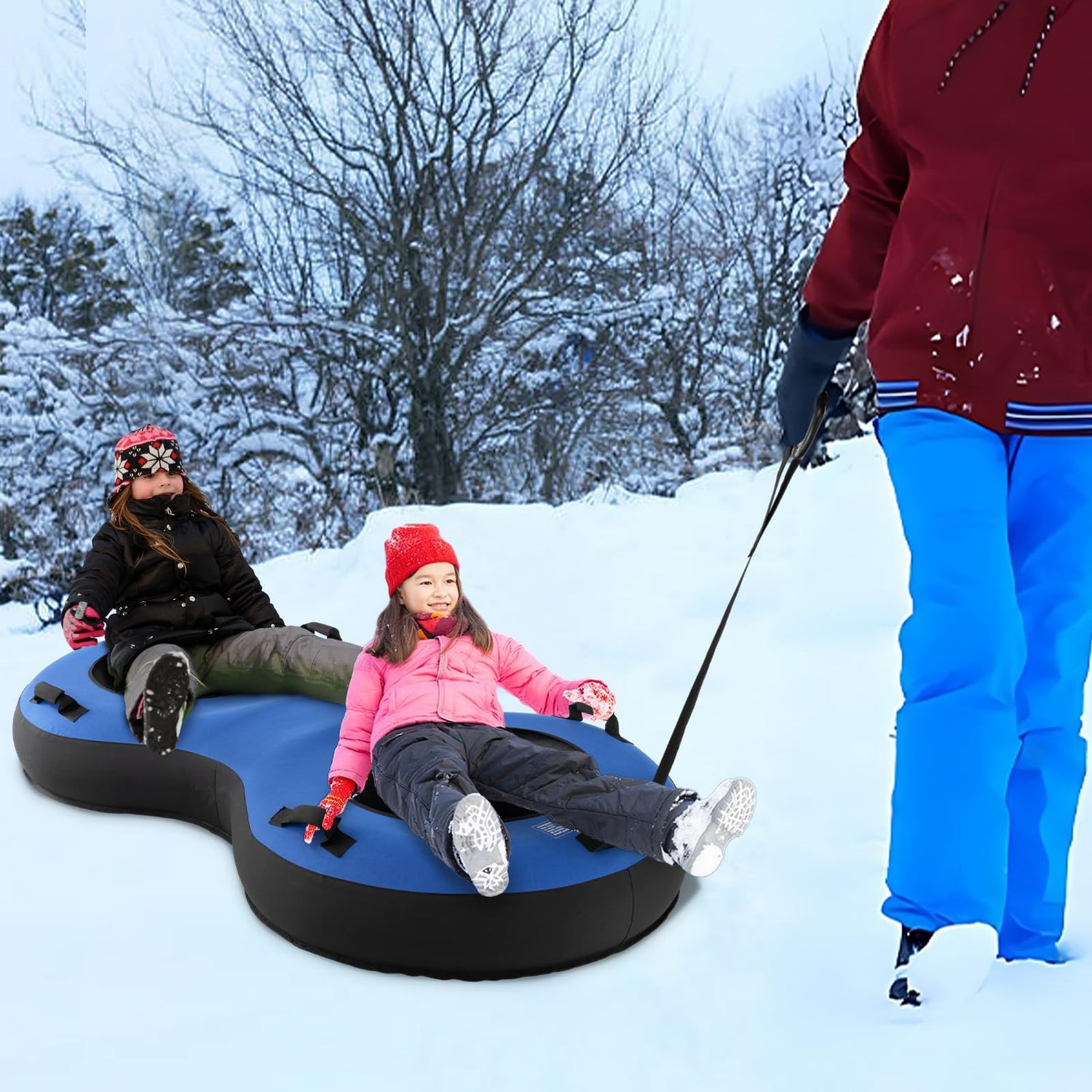 GYMAX 2-Seat Inflatable Snow Sled with Canvas Cover