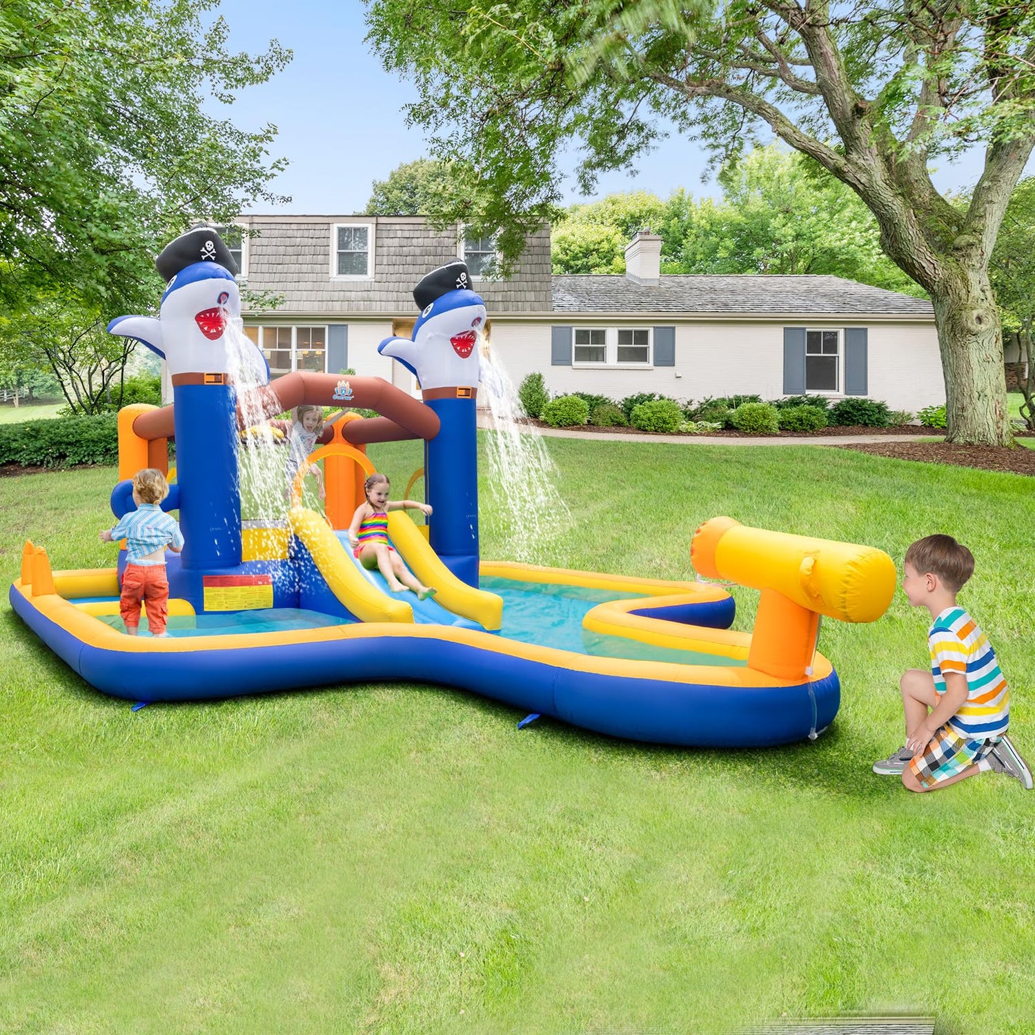 GYMAX 7 in 1 Inflatable Water Park with Slide and Splash Pool