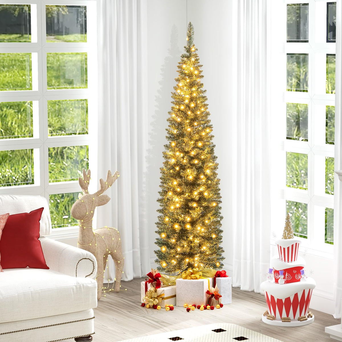 5FT/6FT Pre-Lit Artificial Christmas Tree, Slim Pencil Xmas Tree with 296/390 Branch Tips