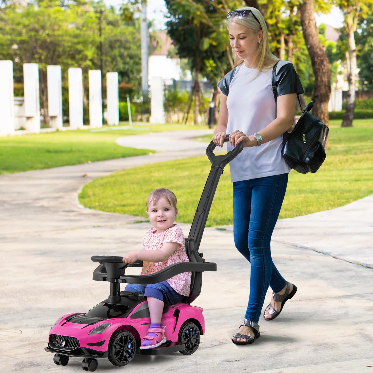 GYMAX 3 in 1 Kids Ride on Push Car, Licensed Maserati Push Along Car with Handle, Guardrail, 2 Universal Wheels