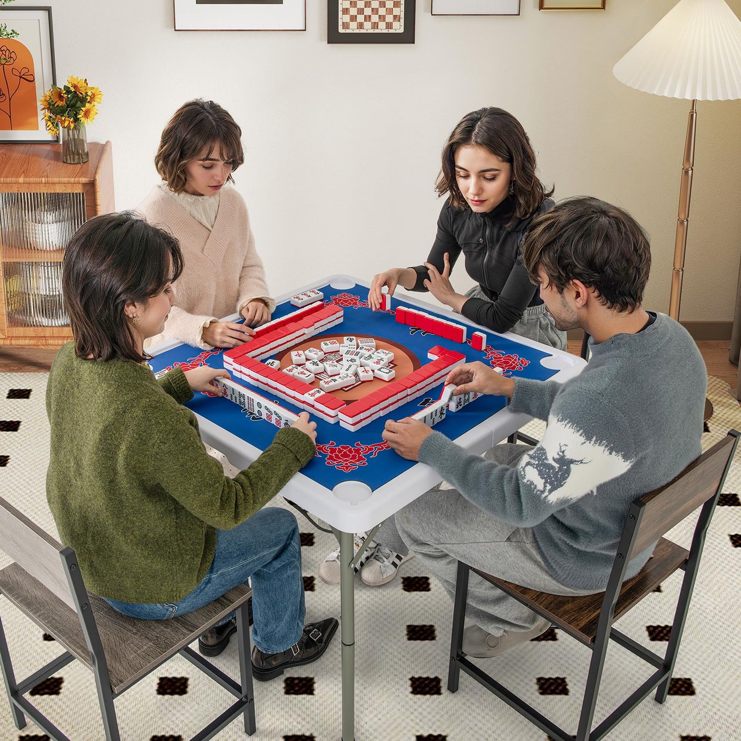GYMAX Folding Mahjong Table, 35” Portable Card Table with Cup Holders and Carrying Handle