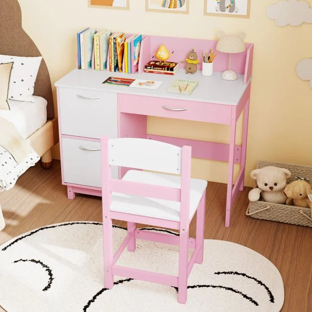 Kid's Study Desk and Chair Set with Deep Drawer and Enclosed Cabinets