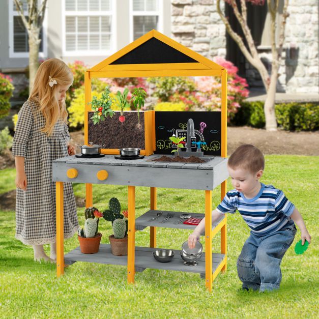 Kids Mud Kitchen Outdoor Kitchen Playset with Educational Plant Viewer