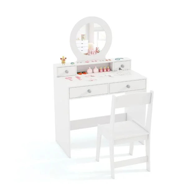 GYMAX Kids Vanity Table and Chair Set with Mirror