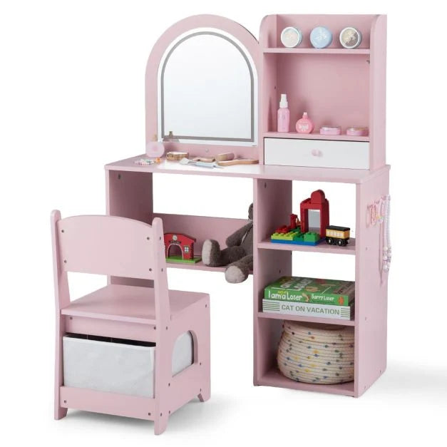 Kids Vanity Table and Chair Set with 3-color Lighted Mirror for 3+ Years Old