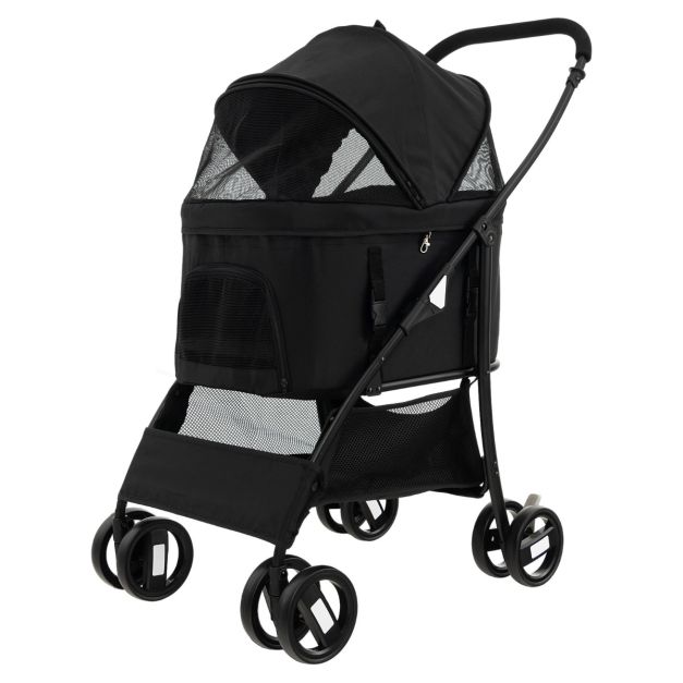 Foldable Pet Stroller with 4-Level Adjustable Canopy and Storage Basket