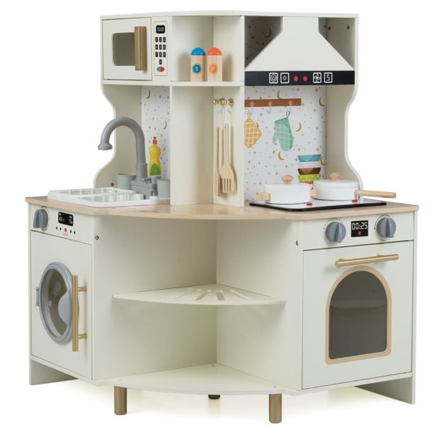 Wooden Corner Kitchen Playset with Working Faucet and Realist Sounds